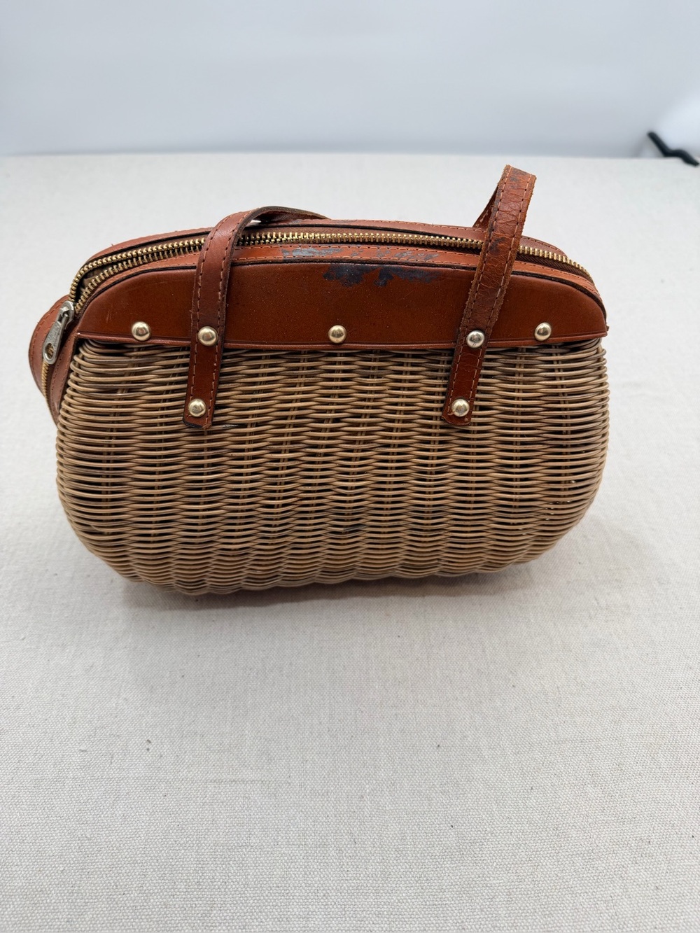 Vintage Woven Rattan Handbag with Brown Leather Trim - Picture 2 of 9